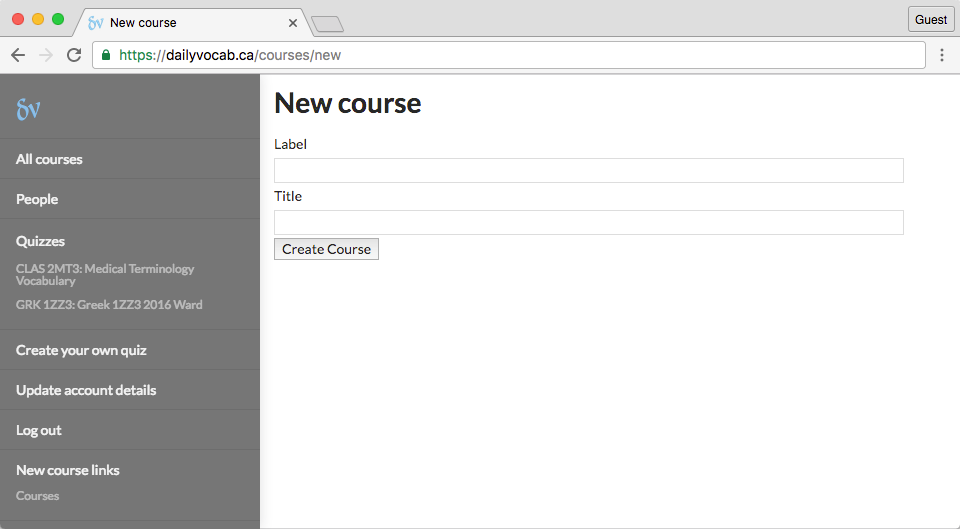screenshot of new course page
