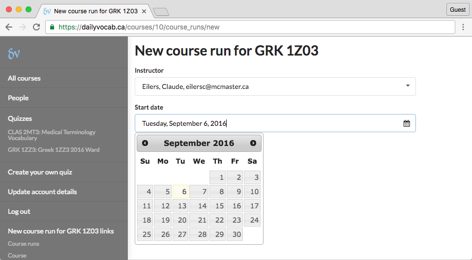 screenshot of new course run page
