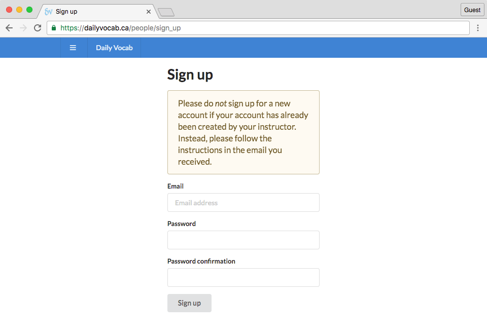 screenshot of sign-up page