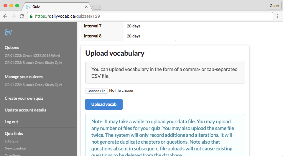 screenshot of upload vocab segment of wordlist page